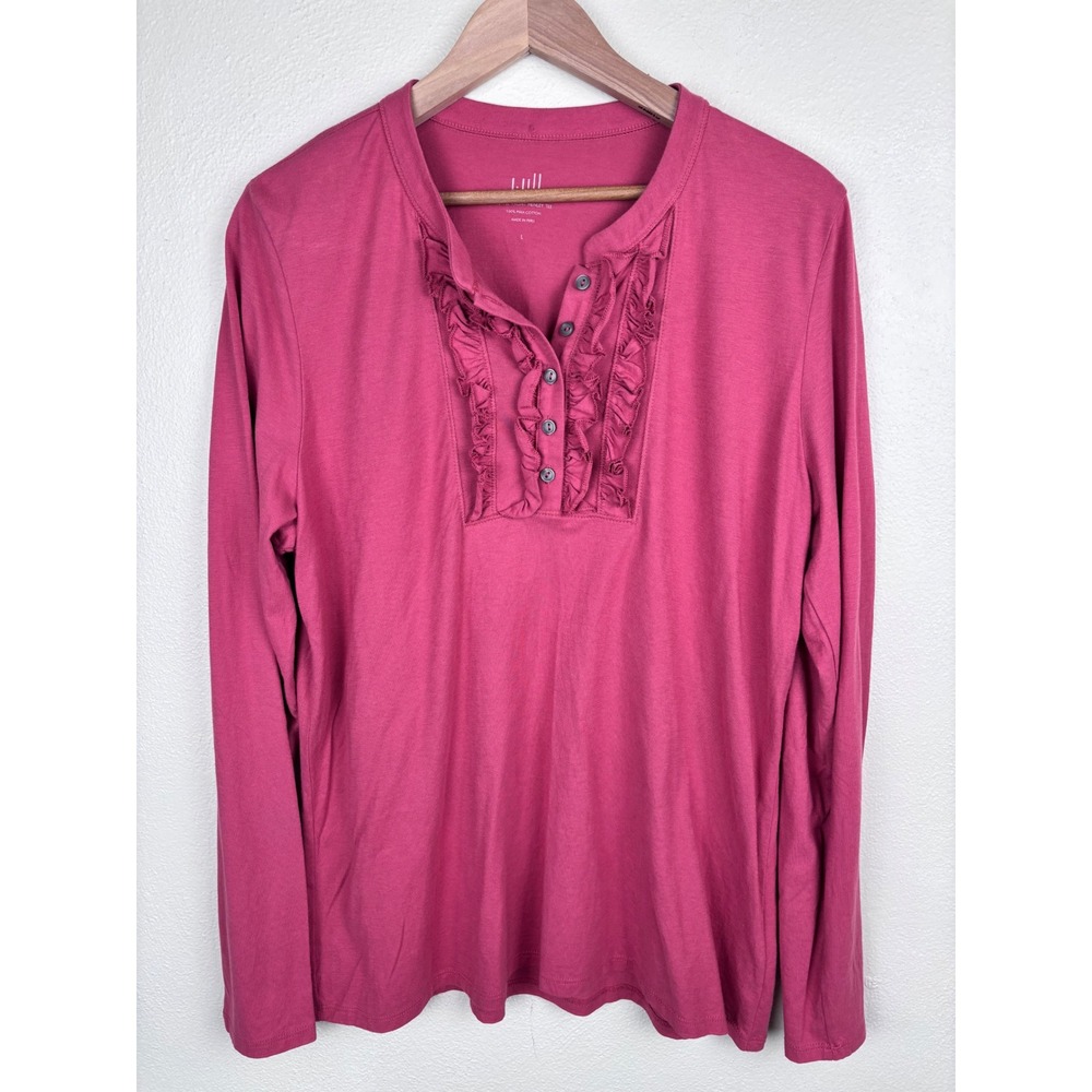 J.Jill Large Pima Cotton Ruffle Front Henley Tee Long Sleeve Pink Peru Casual